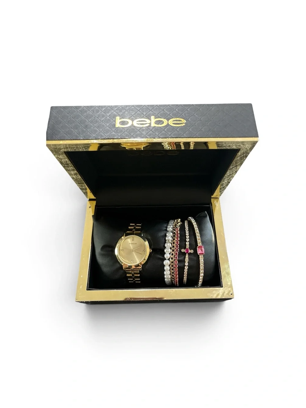 bebe Gold Watch and Pink Accent Bracelet Set